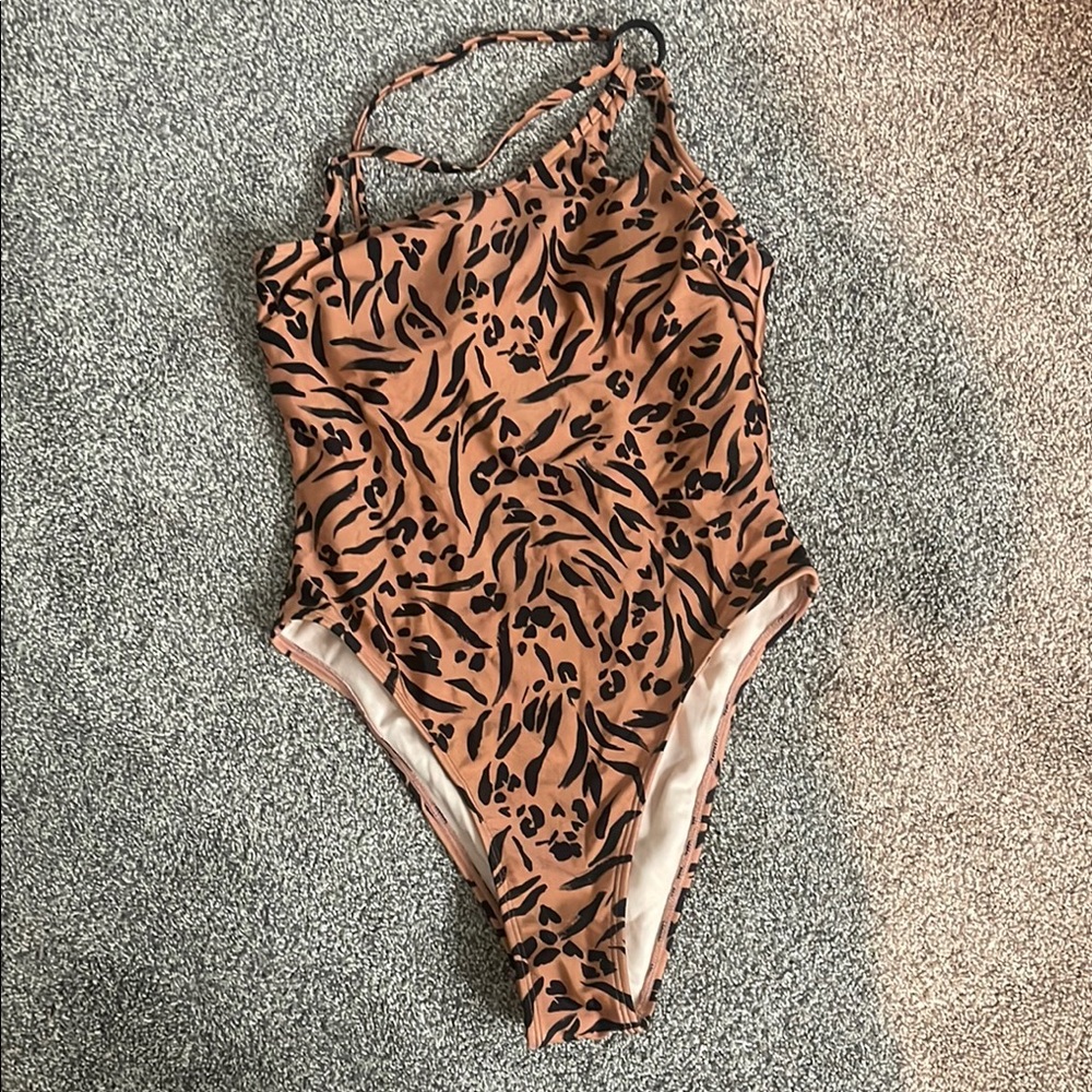 Brown and Black One Piece Bodysuit with Halter Neck and High Leg Design